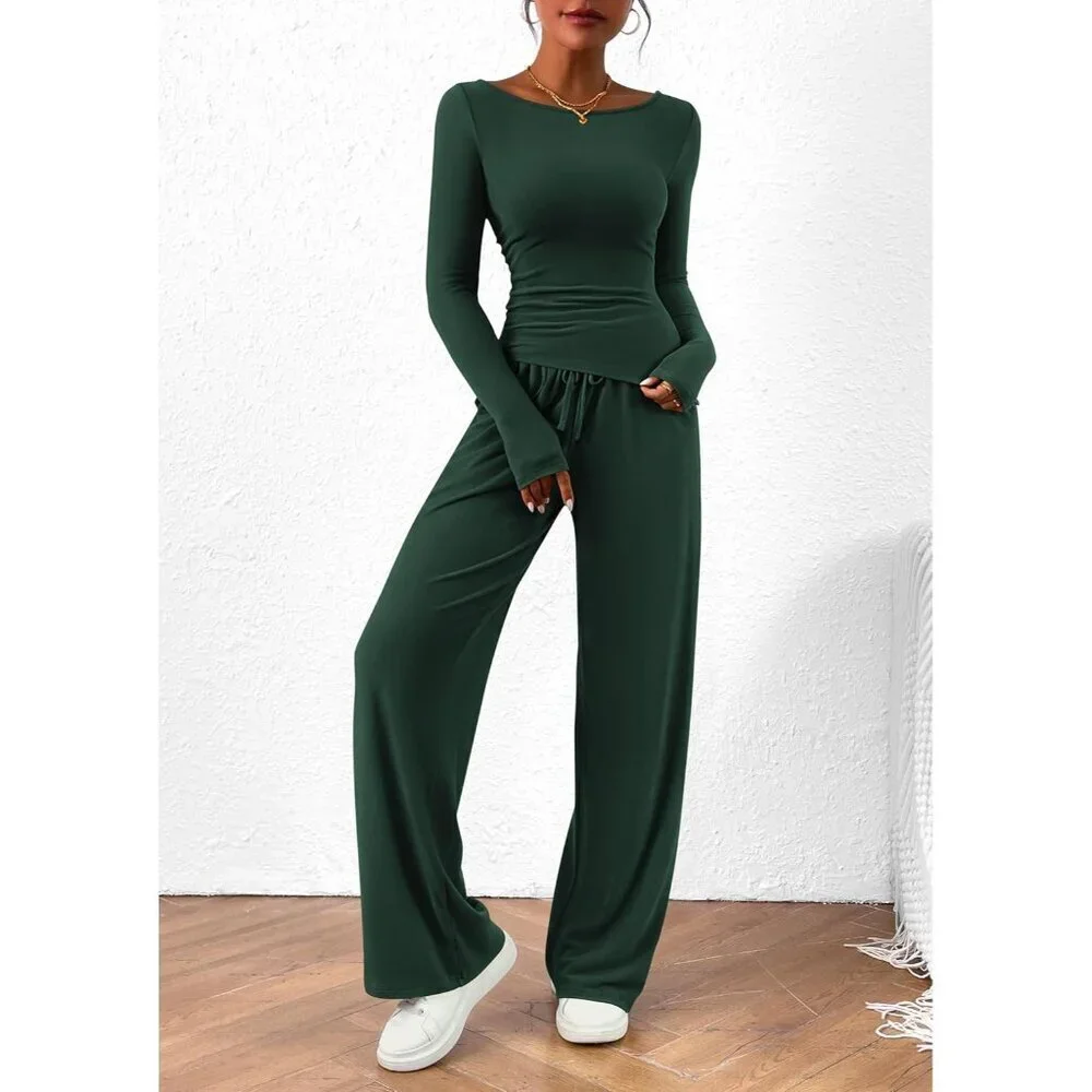 Women's 2 Piece Lounge Set Viscose Blend Casual Comfortable Wide Leg Pants
